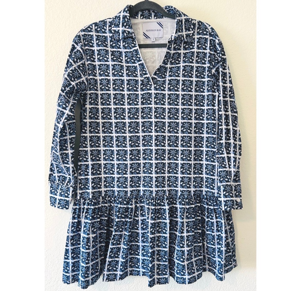 Addison Bay Cottagecore Navy White Floral Grid Drop Waist Ruffle Dress SZ S